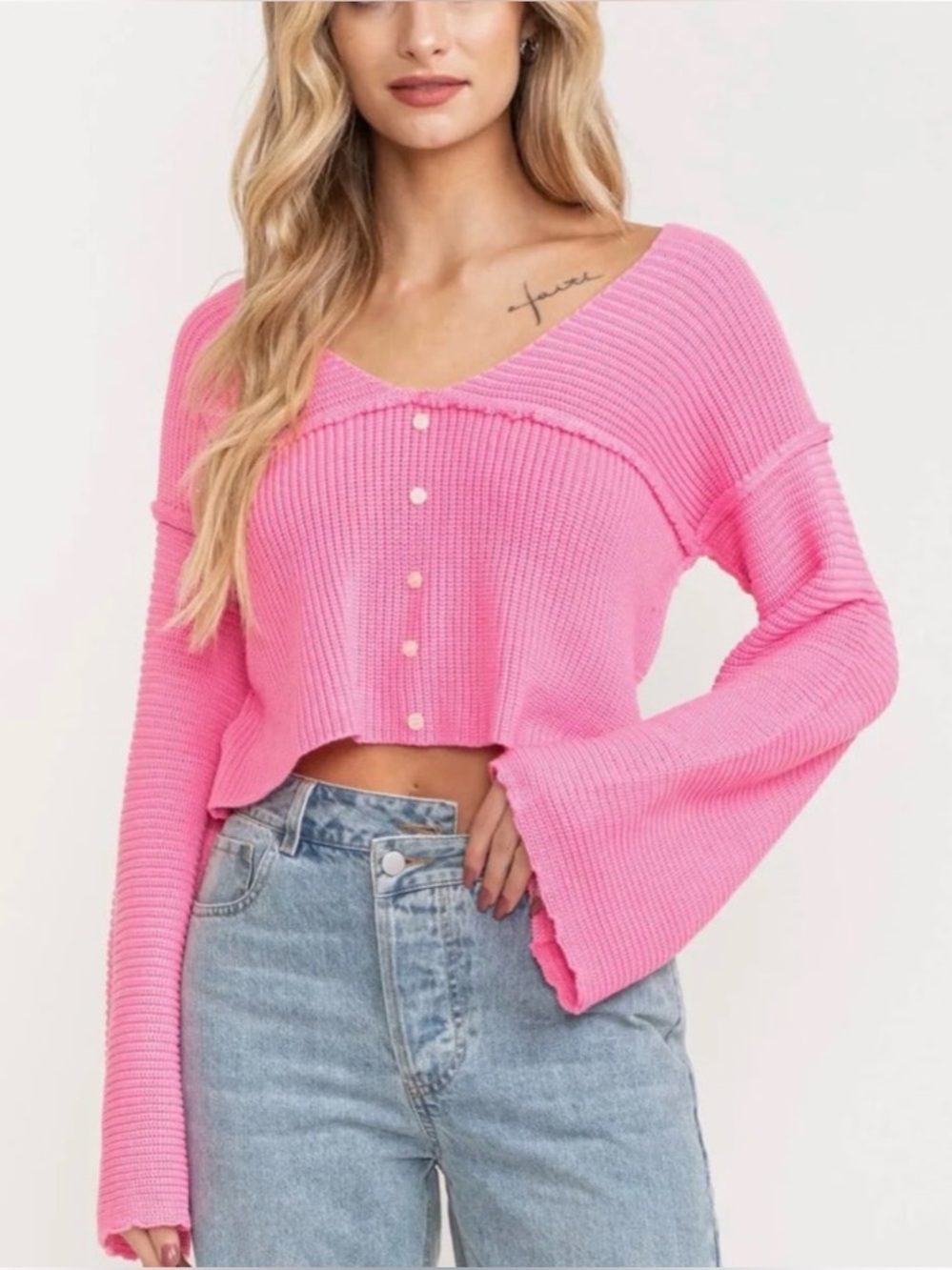 Beauty Queen Hot Pink Bell Sleeve Crop Knit Boutique Sweater